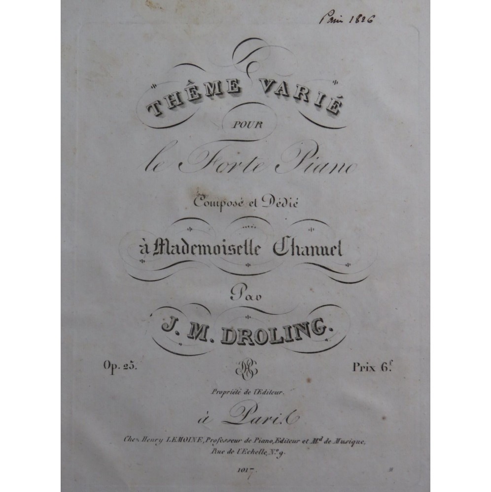 DROLING J. M. Thème Varié op 25 Piano ca1825