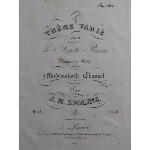 DROLING J. M. Thème Varié op 25 Piano ca1825