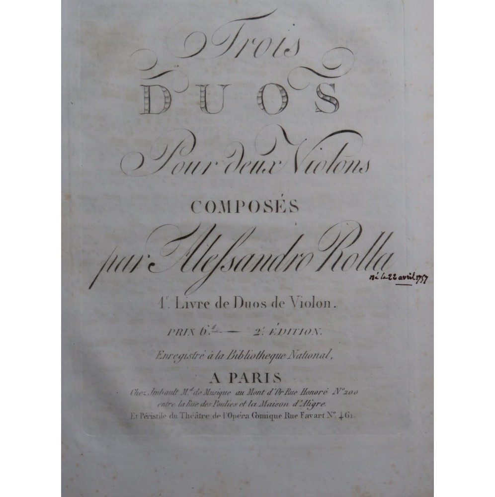 ROLLA Alessandro Trois Duos op 3 pour deux Violons ca1800