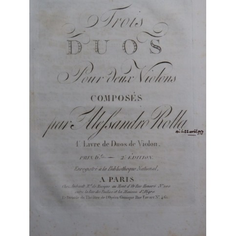 ROLLA Alessandro Trois Duos op 3 pour deux Violons ca1800