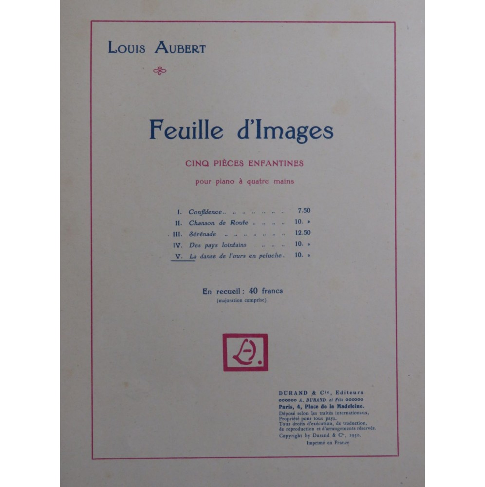 AUBERT Louis La Danse de l'ours en peluche Piano 4 mains 1930