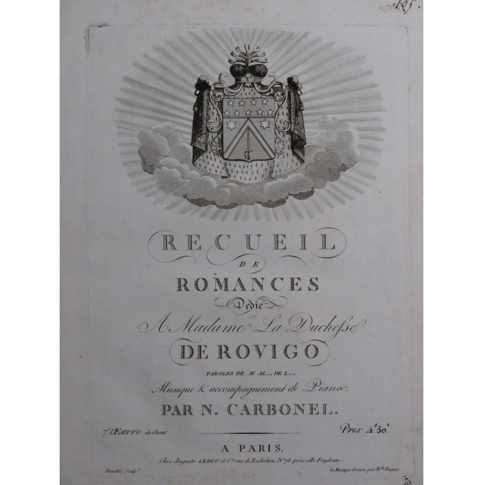 CARBONEL Narcisse Recueil de Romances Chant Piano ou Harpe ca1820