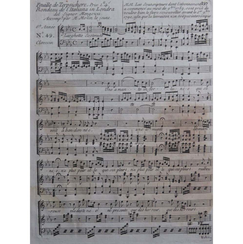 MENGOZZI Bernardo Rondeau Italiana in Londra Chant Clavecin 1790