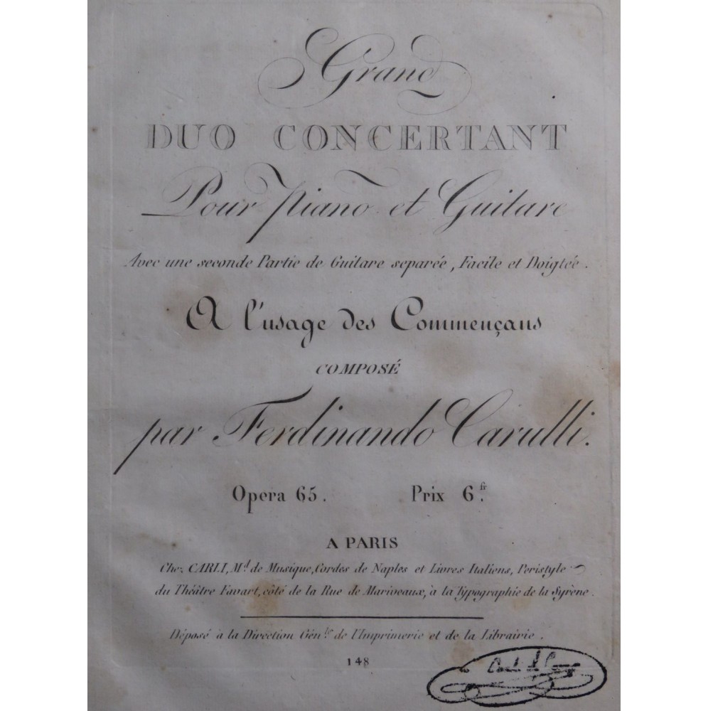 CARULLI Ferdinando Grand Duo Concertant op 65 Piano Guitare ca1820