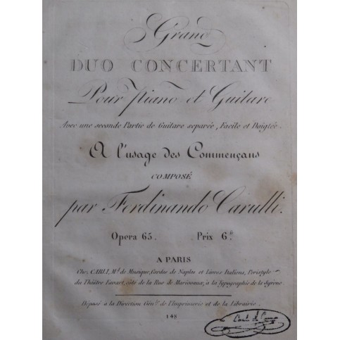 CARULLI Ferdinando Grand Duo Concertant op 65 Piano Guitare ca1820