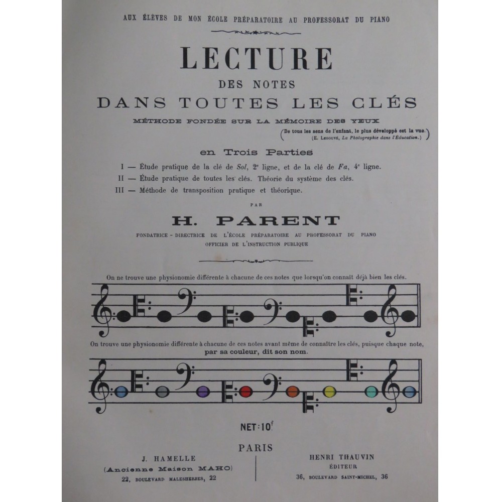 PARENT Hortense Lecture des Notes dans toutes les clés 1886