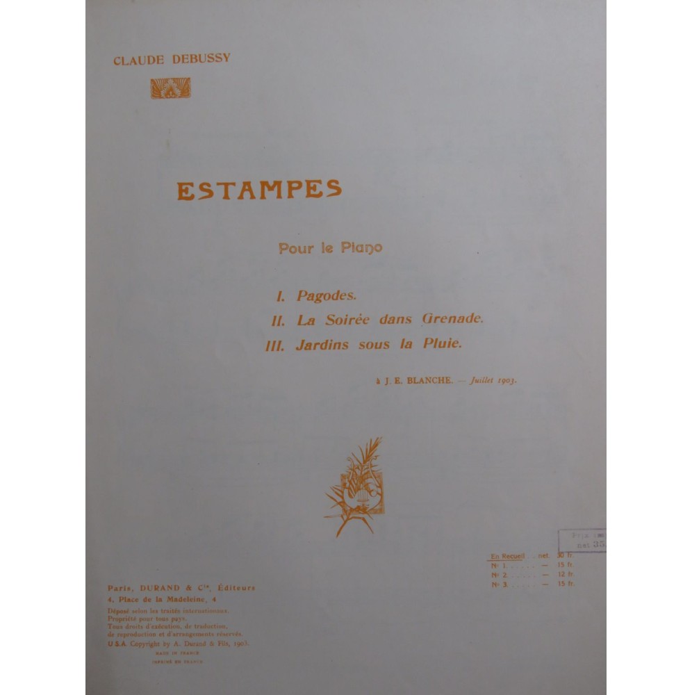 DEBUSSY Claude Estampes 3 pièces pour Piano