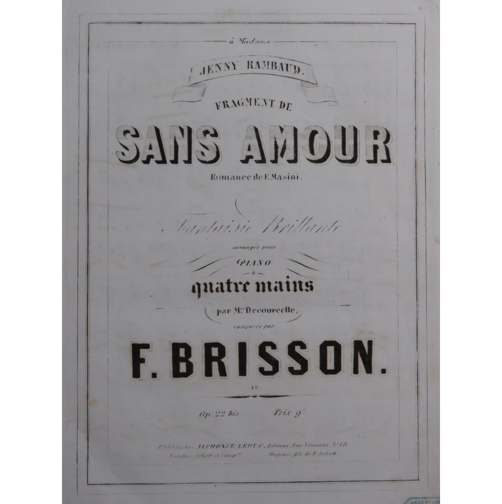 BRISSON Frédéric Sans Amour Fantaisie op 22 Piano 4 mains ca1852