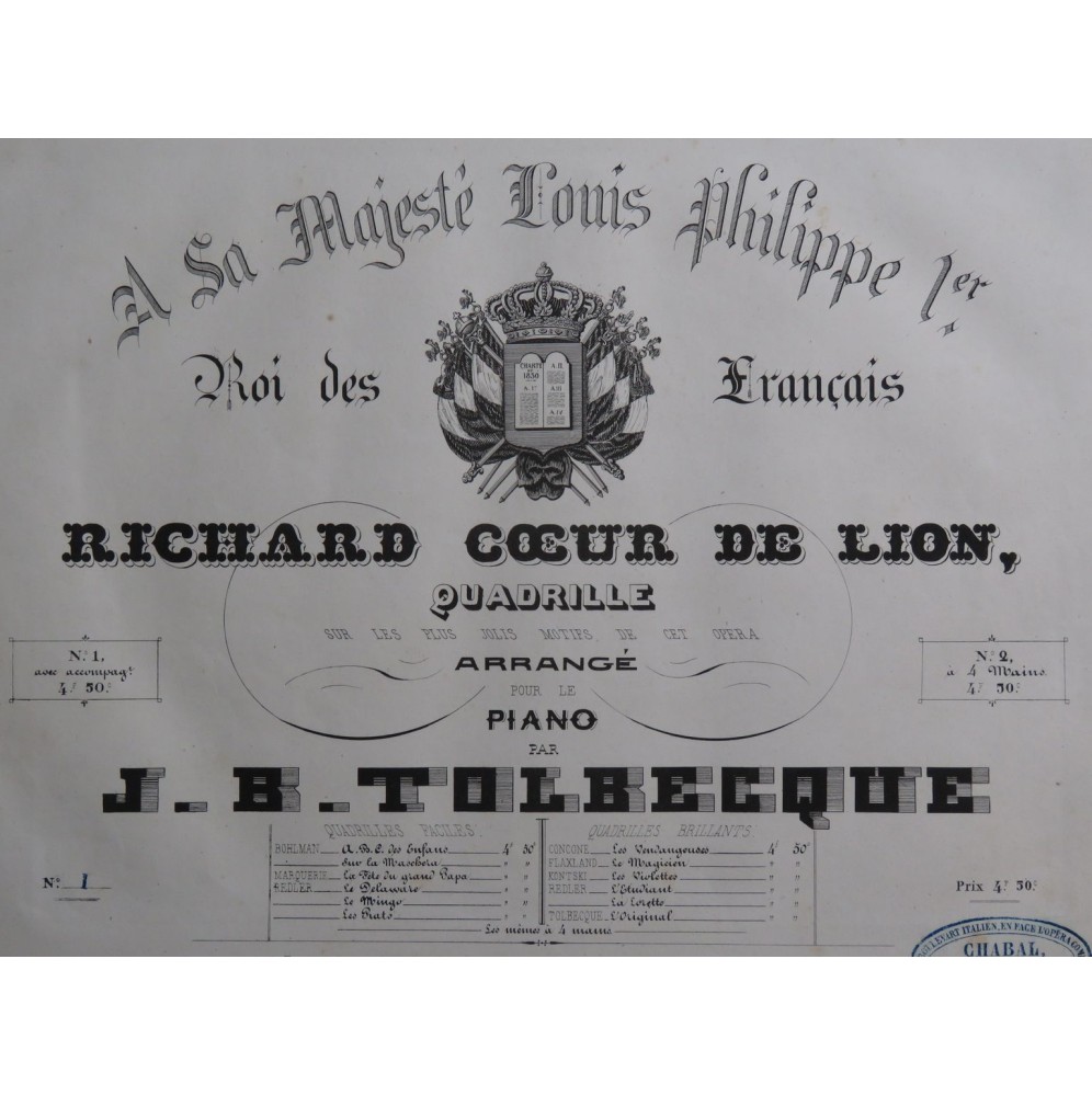 TOLBECQUE J. B. Richard Coeur de Lion Quadrille Piano Flûte Violon ca1842