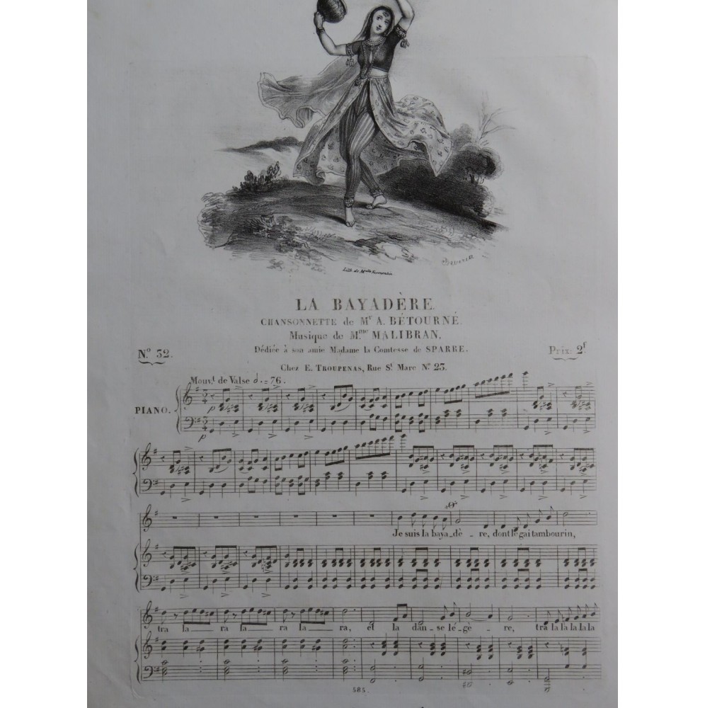 MALIBRAN Marie La Bayadère Chant Piano ca1830