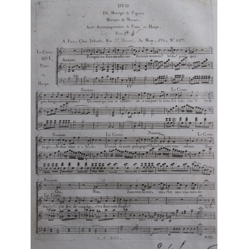 MOZART W. A. Le Mariage de Figaro Duo Chant Piano ou Harpe ca1795