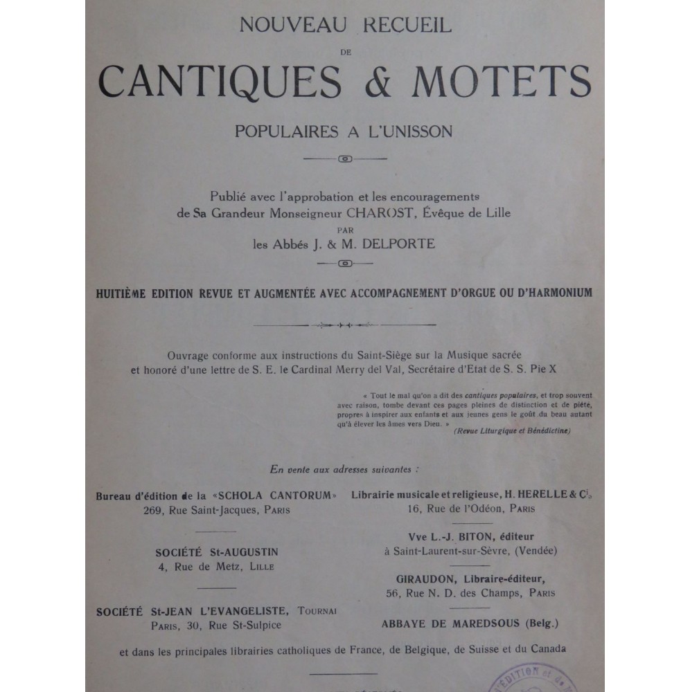 DELPORTE Abbés Nouveau Recueil de Cantiques et Motets Chant Orgue 1936