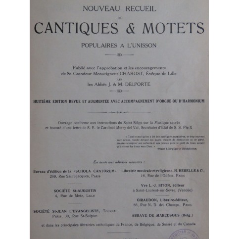 DELPORTE Abbés Nouveau Recueil de Cantiques et Motets Chant Orgue 1936