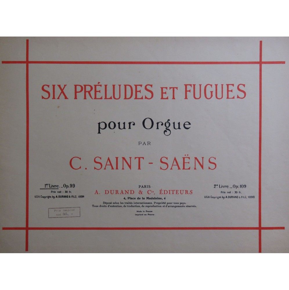 SAINT-SAËNS Camille Six Préludes et Fugues 1er Livre Orgue 1898