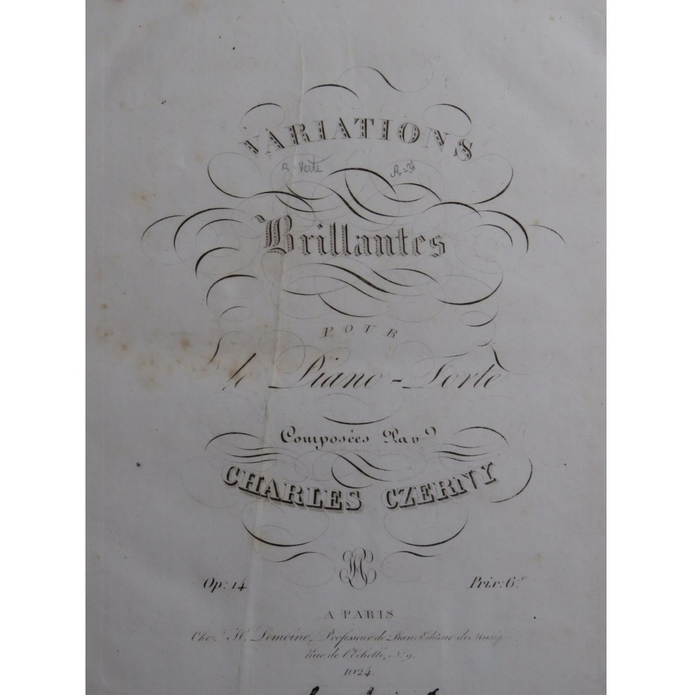 CZERNY Charles Variations Brillantes op 14 Piano ca1823