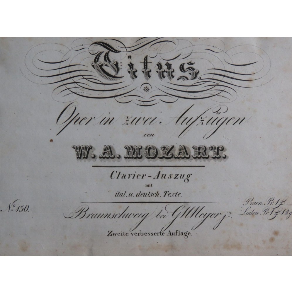 MOZART W. A. La Clemenza di Tito Opéra Chant Piano ca1830