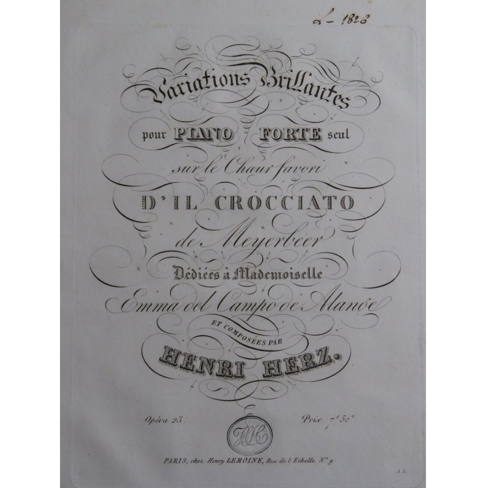 HERZ Henri Variations Brillantes sur Il Crocciato Meyerbeer op 23 Piano ca1825