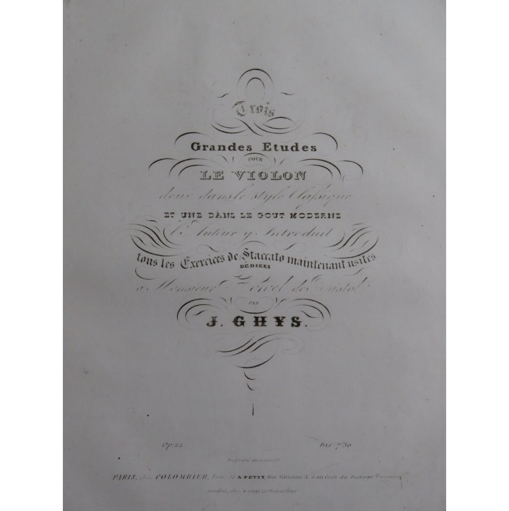 GHYS Joseph Trois Grandes Etudes op 22 pour le Violon ca1850
