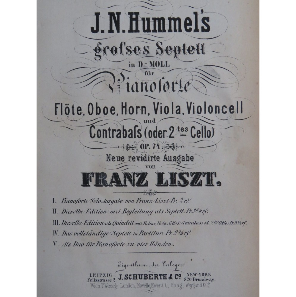 HUMMEL J. N. Grosses Septett Piano Orchestre 1868