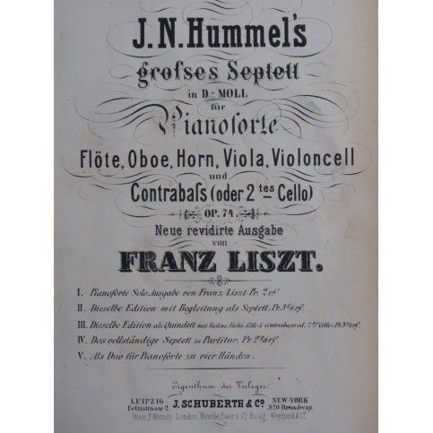 HUMMEL J. N. Grosses Septett Piano Orchestre 1868