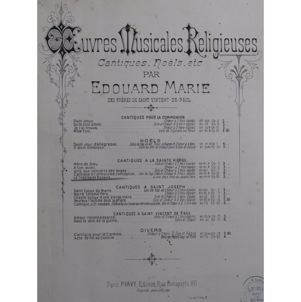 MARIE Edouard Le Très-Saint Rosaire op 36 Dédicace Chant Piano ca1890