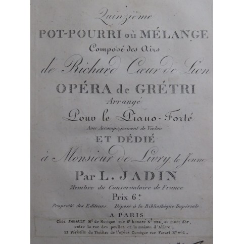 JADIN Louis Pot-Pourri No 15 Piano ca1810