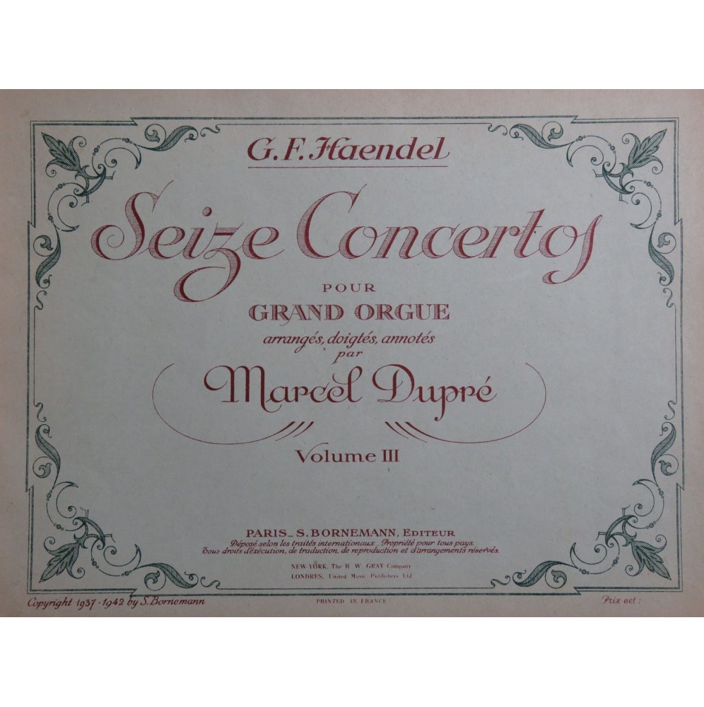 HAENDEL G. F. Seize Concertos 3e Volume Orgue 1942