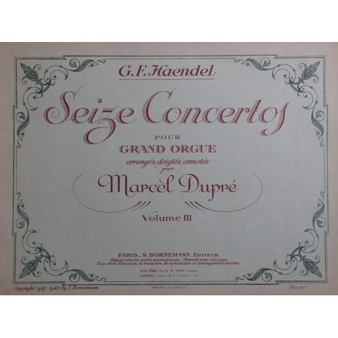 HAENDEL G. F. Seize Concertos 3e Volume Orgue 1942