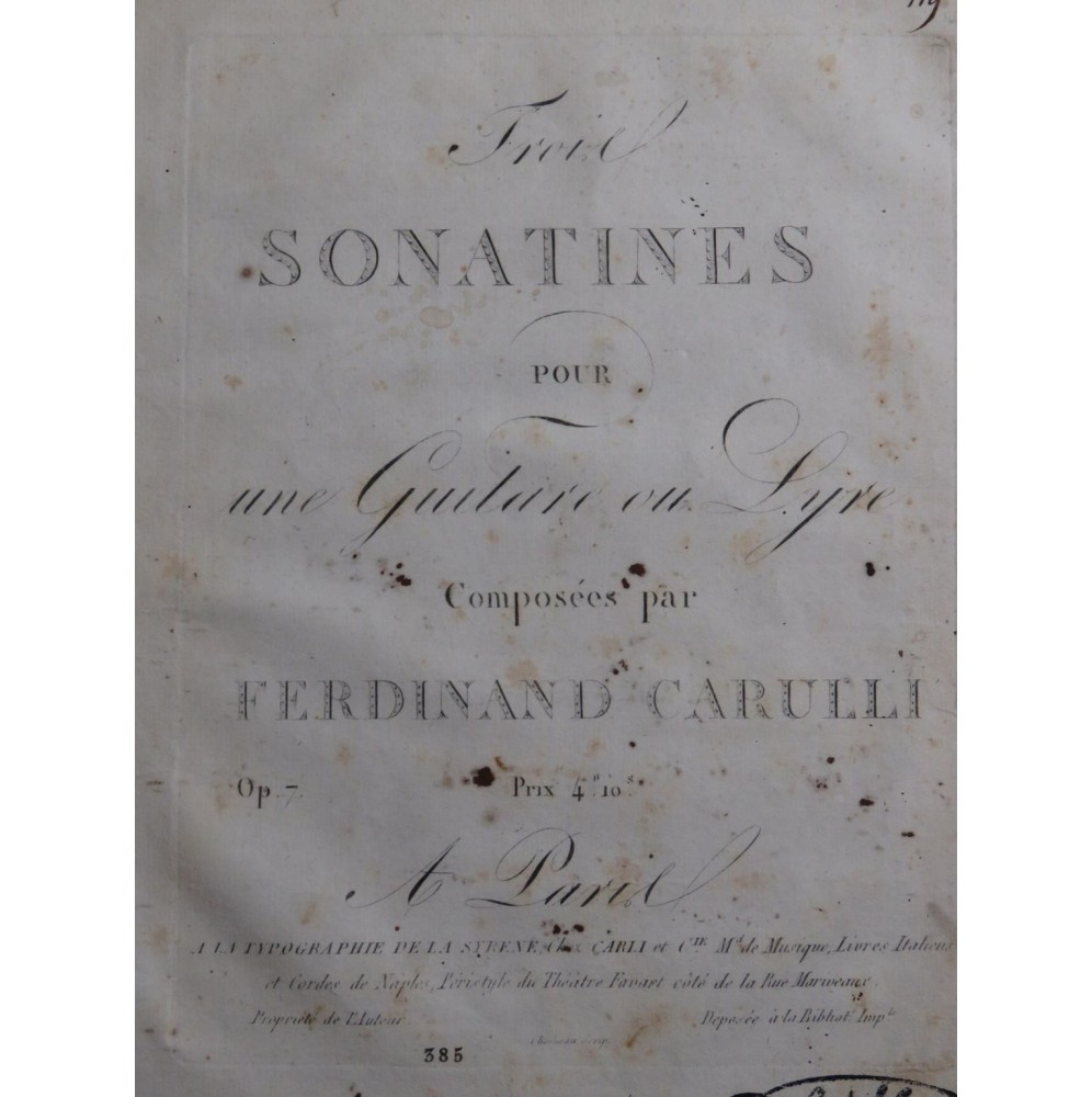 CARULLI Ferdinando Trois Sonates op 7 Guitare ou Lyre ca1809