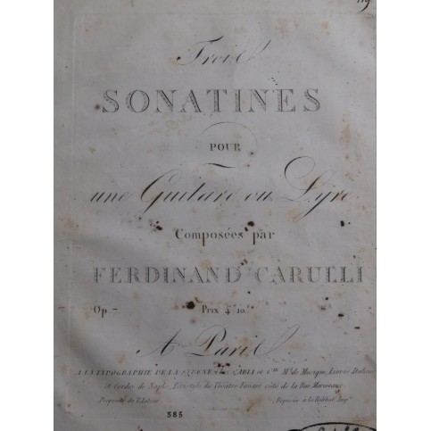 CARULLI Ferdinando Trois Sonates op 7 Guitare ou Lyre ca1809
