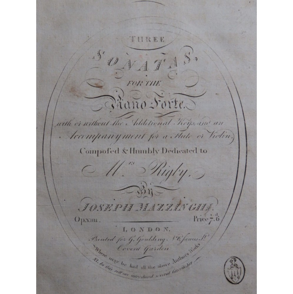 MAZZINGHI Joseph Three Sonatas op 14 Piano ca1790