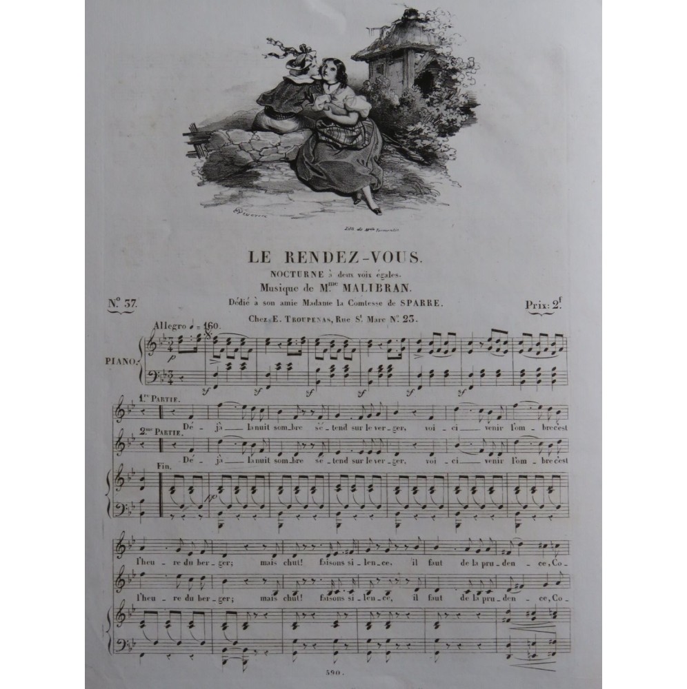 MALIBRAN Marie Le Rendez-vous Chant Piano ca1830