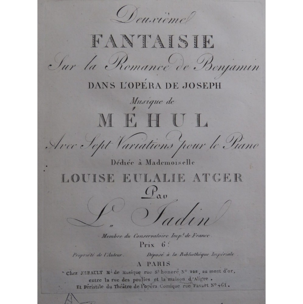 JADIN Louis Fantaisie No 2 Romance de Benjamin de Méhul Piano ca1810