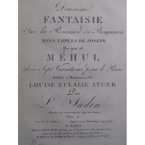 JADIN Louis Fantaisie No 2 Romance de Benjamin de Méhul Piano ca1810