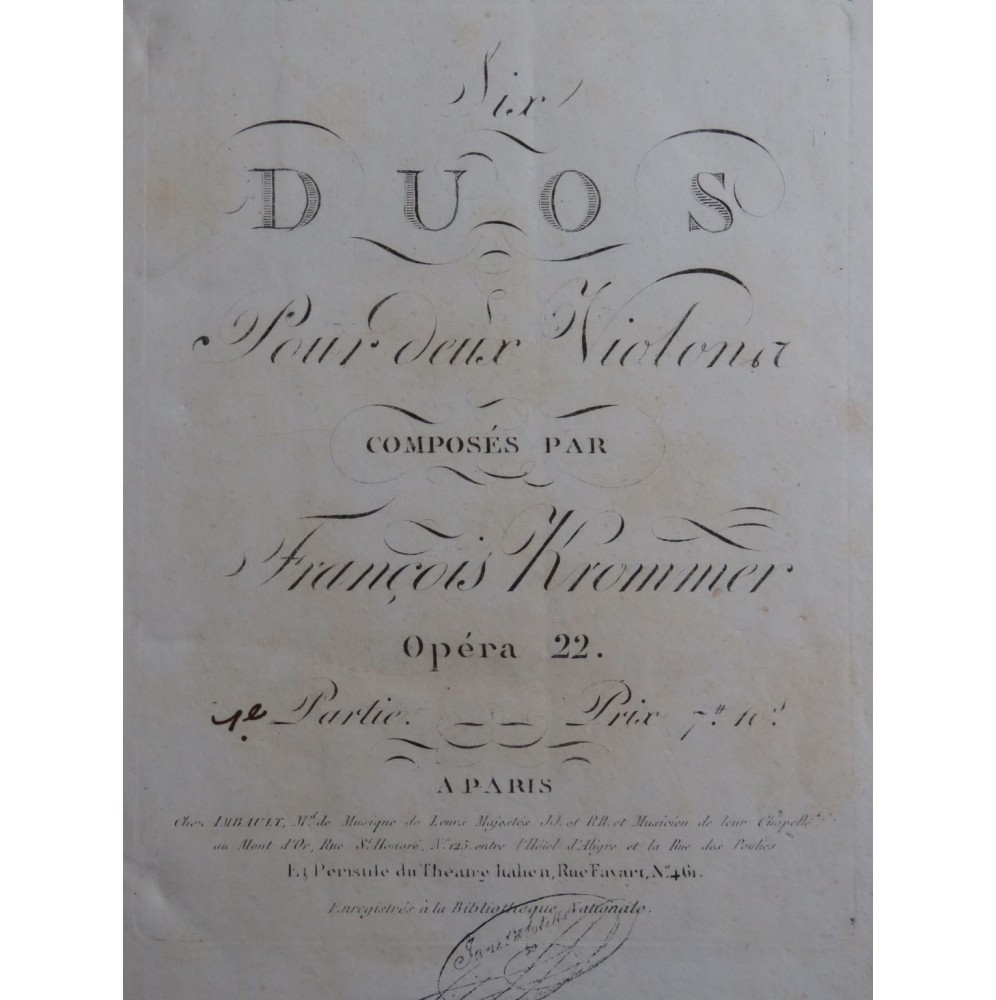 KROMMER Franz Trois Duos pour deux Violons op 22 ca1810
