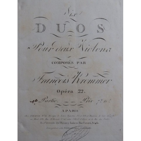KROMMER Franz Trois Duos pour deux Violons op 22 ca1810