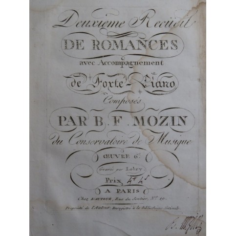 MOZIN Benoît François Recueil No 2 Signature Chant Piano XVIIIe