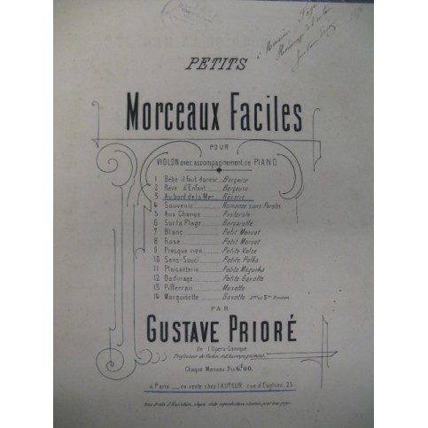 PRIORÉ Gustave Au Bord de la Mer Dédicace Violon Piano XIXe﻿