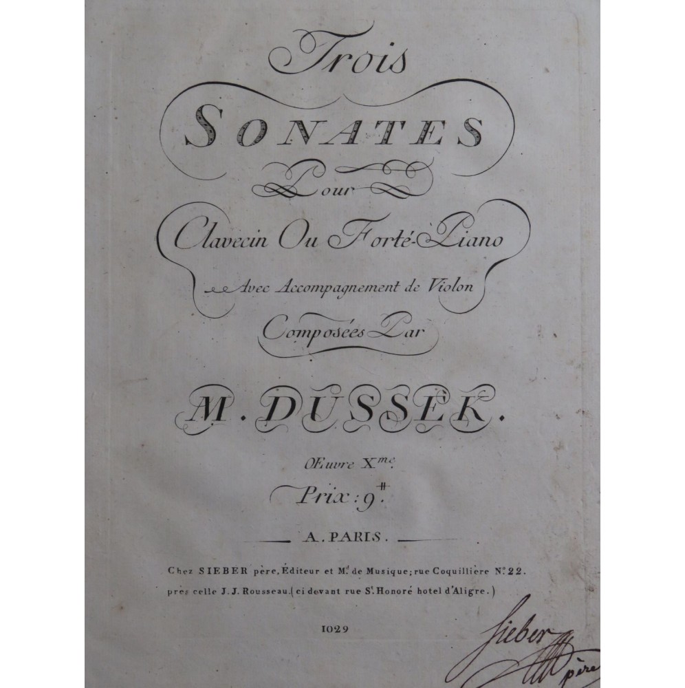 DUSSEK J. L. Trois Sonates op 10 Clavecin ou Piano Violon ca1790