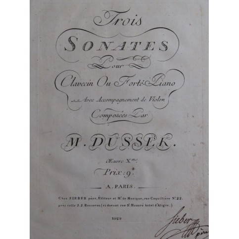 DUSSEK J. L. Trois Sonates op 10 Clavecin ou Piano Violon ca1790
