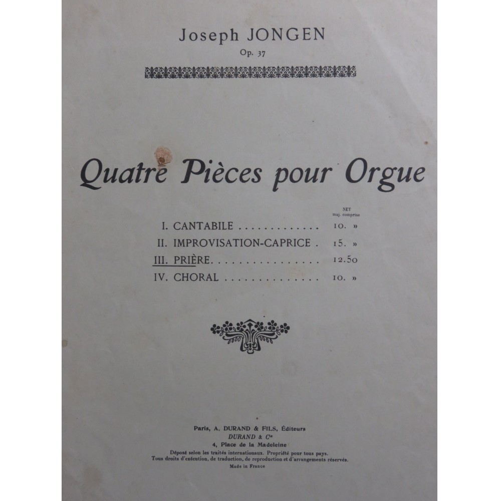 JONGEN Joseph Prière op 37 No 3 Orgue 1911