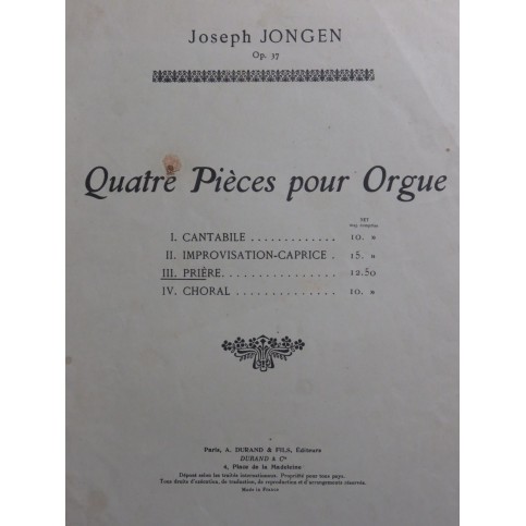 JONGEN Joseph Prière op 37 No 3 Orgue 1911