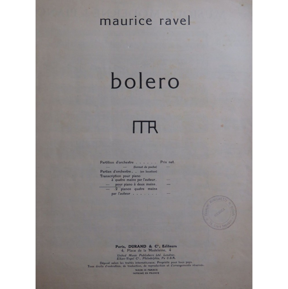 RAVEL Maurice Bolero Piano 1946