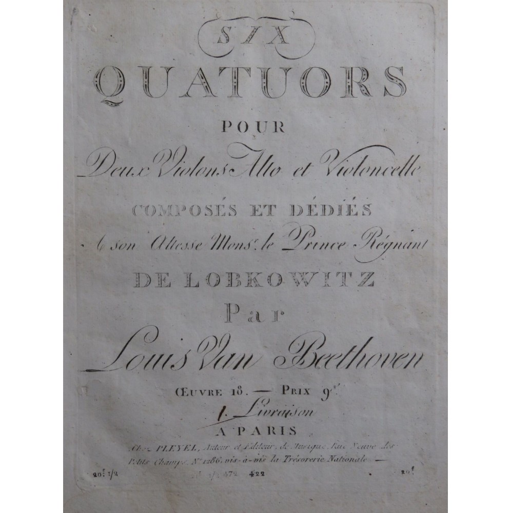 BEETHOVEN Trois Quatuors op 18 Livraison 1 Violon Alto Violoncelle ca1804