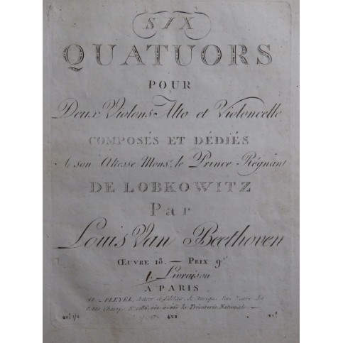 BEETHOVEN Trois Quatuors op 18 Livraison 1 Violon Alto Violoncelle ca1804