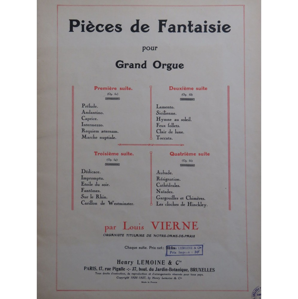 VIERNE Louis Pièces de Fantaisie 4e Suite op 55 Orgue 1927