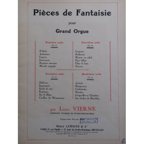 VIERNE Louis Pièces de Fantaisie 4e Suite op 55 Orgue 1927