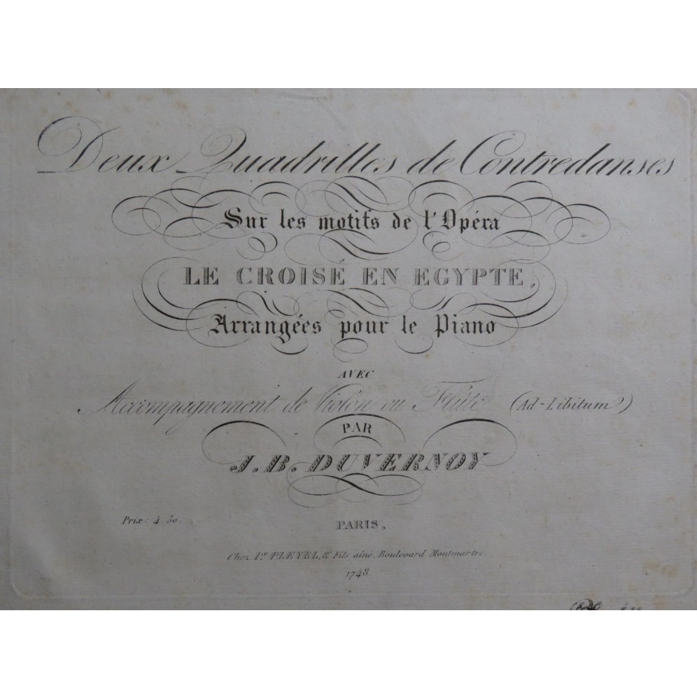 DUVERNOY J. B. Quadrille Le Croisé en Egypte Piano Flûte ou Violon ca1825