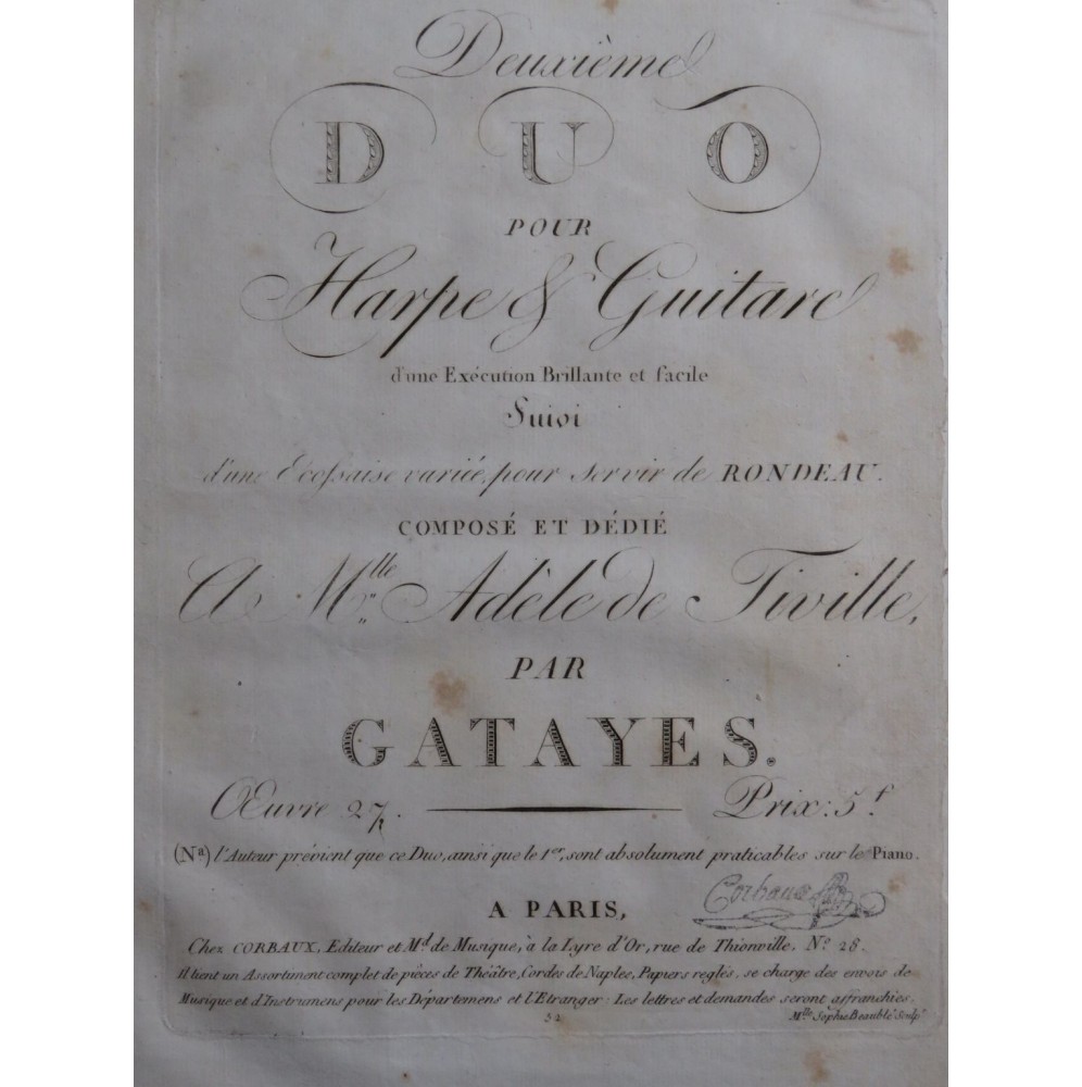 GATAYES Deuxième Duo op 27 Harpe Guitare ca1820