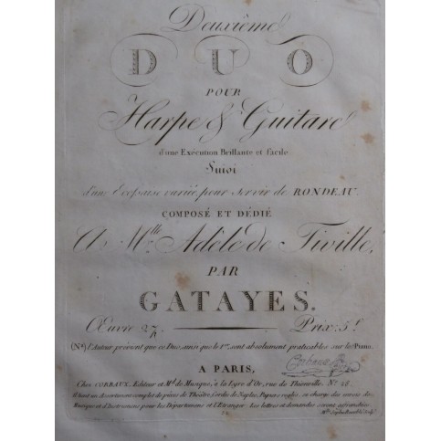 GATAYES Deuxième Duo op 27 Harpe Guitare ca1820